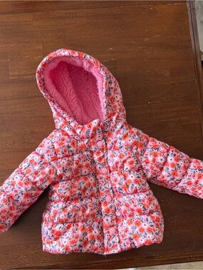 Baby Girl Pink Floral Puffer Jacket with Hood